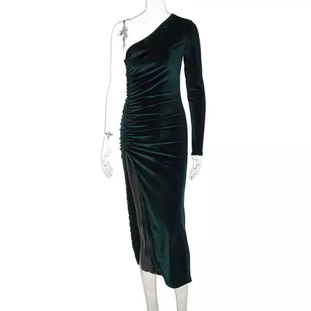 Feminino elegante manga longa festa noite veludo bodycon split lápis midi vestido primavera outono roupas
