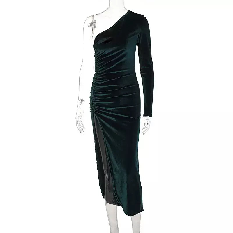 Feminino elegante manga longa festa noite veludo bodycon split lápis midi vestido primavera outono roupas
