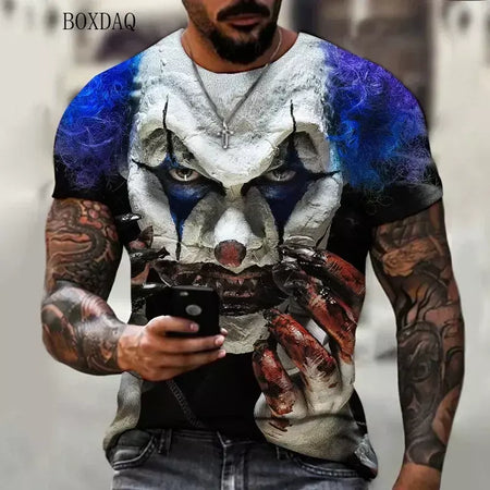 Camiseta masculina de manga curta, solta e casual, com padrão de palhaço aterrorizante, impressa em 3D, tamanho grande 6XL, verão