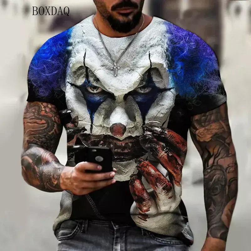 Camiseta masculina de manga curta, solta e casual, com padrão de palhaço aterrorizante, impressa em 3D, tamanho grande 6XL, verão