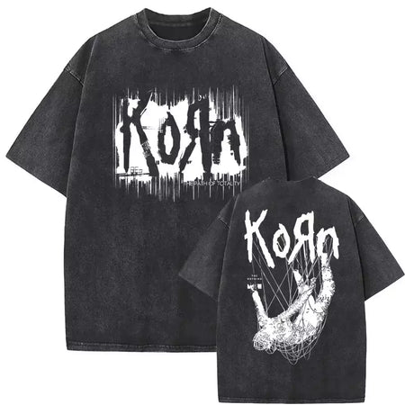 Camisetas com estampa de esqueleto masculinas, banda de rock vintage lavada, Korn caindo longe de mim, camiseta gótica, camiseta masculina extragrande, moda