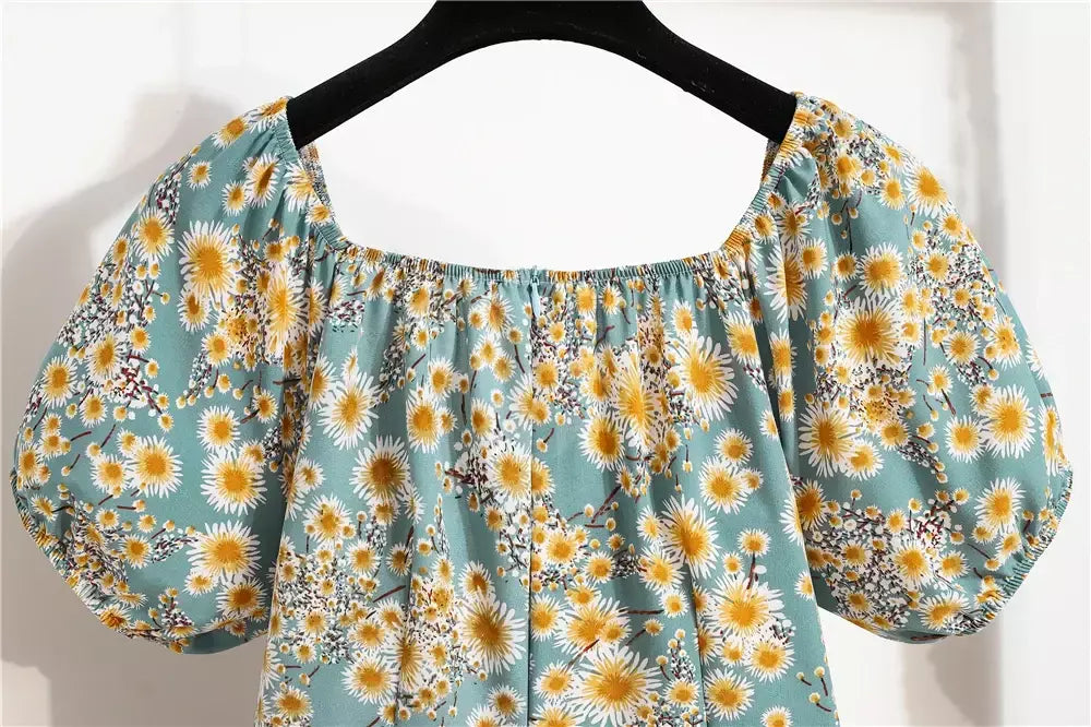 Mulheres mini vestidos de verão moda feminina vestidos impressão floral chiffon vestidos shirring plissado manga curta inchado vestido casual