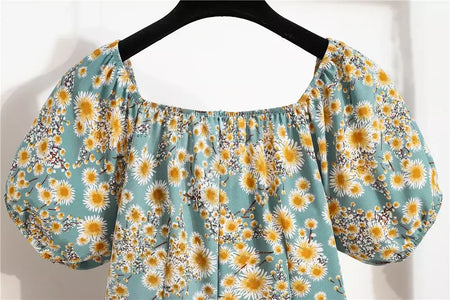 Mulheres mini vestidos de verão moda feminina vestidos impressão floral chiffon vestidos shirring plissado manga curta inchado vestido casual