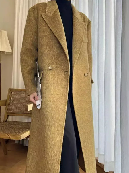 Casaco de alpaca de lã feminino, jaquetas de lã, trespassado duplo, gola de terno, solto, Casacos longos, senhora do escritório, outono, inverno, 2022