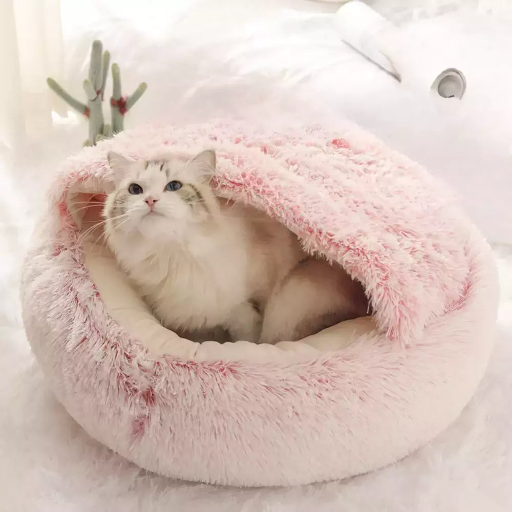 Almofada redonda para gatos, sacos de dormir semi fechados para animais de estimação, pelúcia longa e macia 2 em 1, camas quentes para gatos, conforto simples, ninho de dormir quente para cachorros