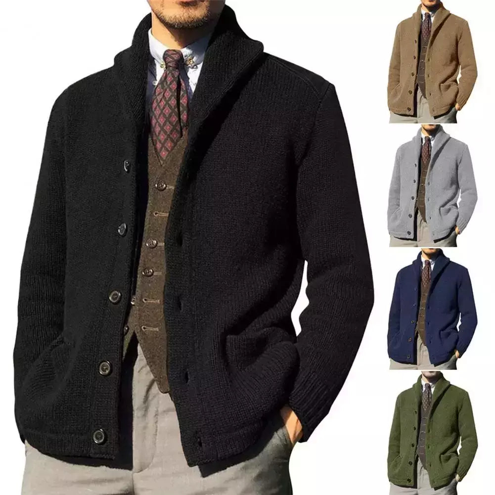 Homens casaco de malha lapela manga comprida bolsos engrossados cardigan camisola masculina outono botões sólidos placket casaco de malha para o trabalho