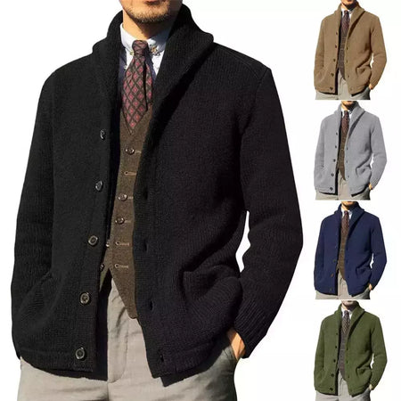 Homens casaco de malha lapela manga comprida bolsos engrossados cardigan camisola masculina outono botões sólidos placket casaco de malha para o trabalho