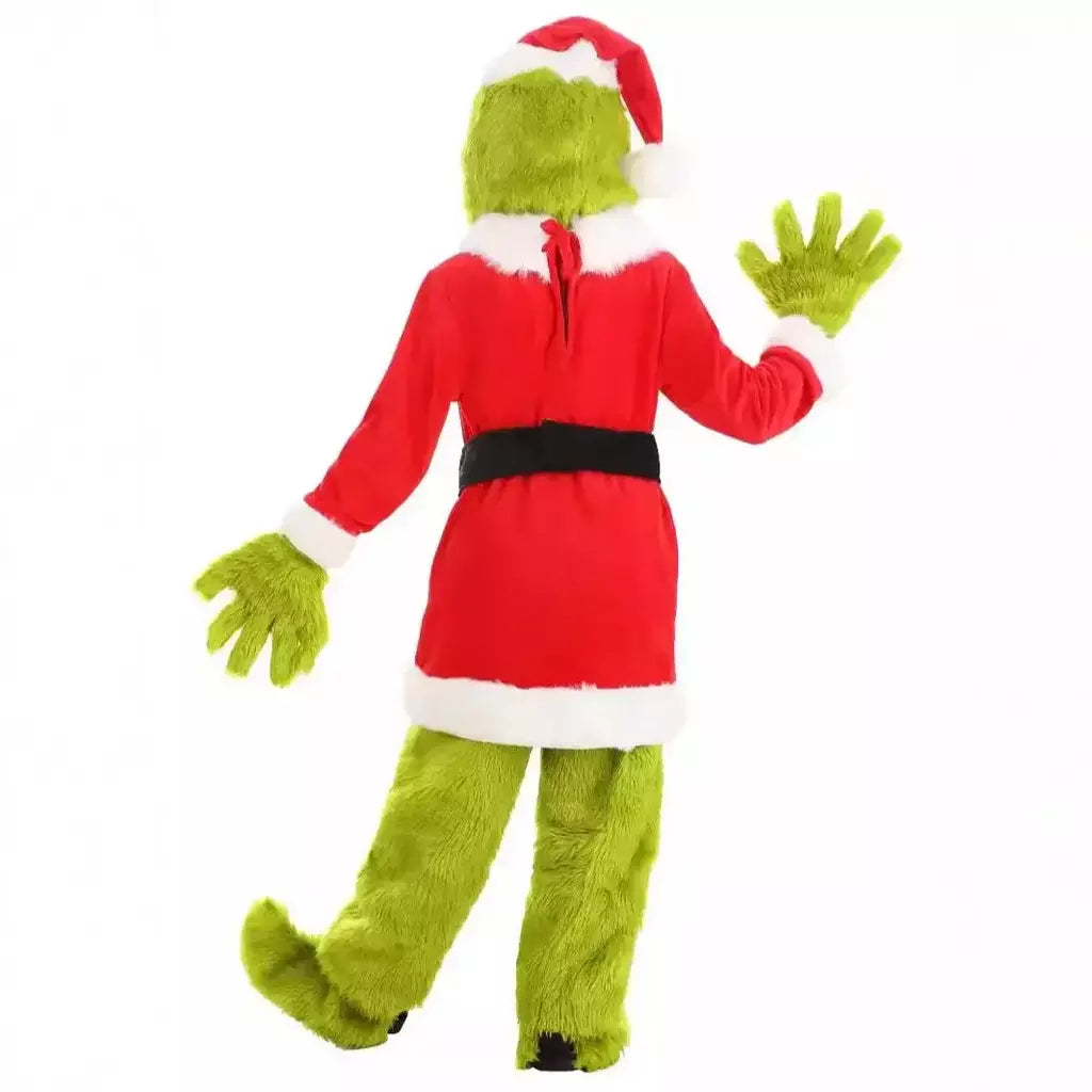 Venda quente da temporada halloween verde grinch cosplay traje papai noel com calças de pele conjunto jogar traje em massa monstro verde gri