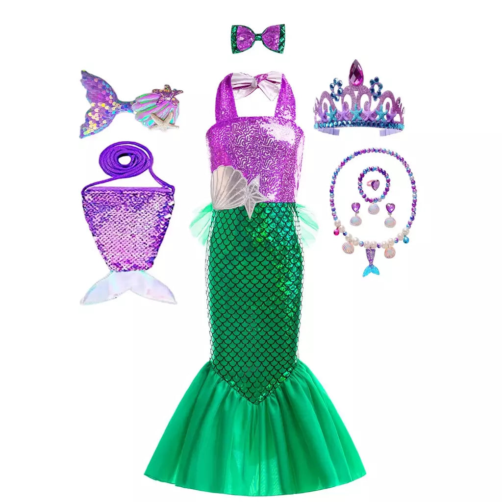 Meninas roxo-azul sereia ariel cosplay vestido de halloween vestido de festa de aniversário meninas praia vestido de férias