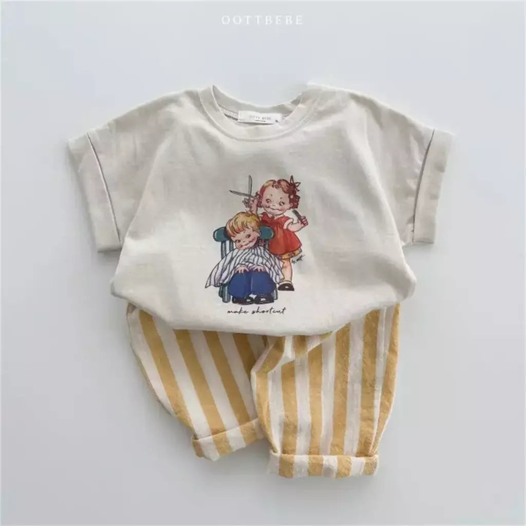 Calças listradas de algodão de linho vintage para meninos casual bolso design elásticos calças de cintura para criança menina roupas crianças