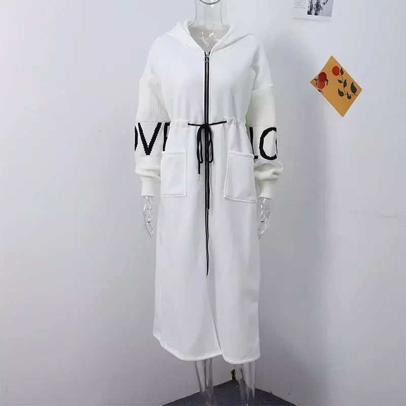 Casual longo retalhos casacos de malha feminino casual hoodies rendas até bolsos jaquetas femininas 2024 outono inverno nova senhora outerwears