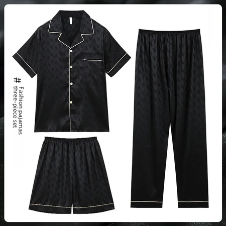 Pijama Jacquard de seda gelada masculino, manga curta, outwear casual, simulação adolescente, roupa de casa, verão, conjunto de 3 peças