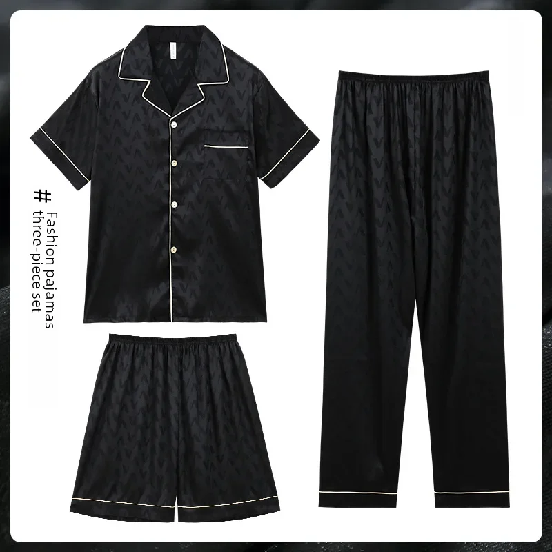 Pijama Jacquard de seda gelada masculino, manga curta, outwear casual, simulação adolescente, roupa de casa, verão, conjunto de 3 peças
