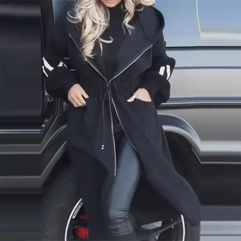 Casual longo retalhos casacos de malha feminino casual hoodies rendas até bolsos jaquetas femininas 2024 outono inverno nova senhora outerwears