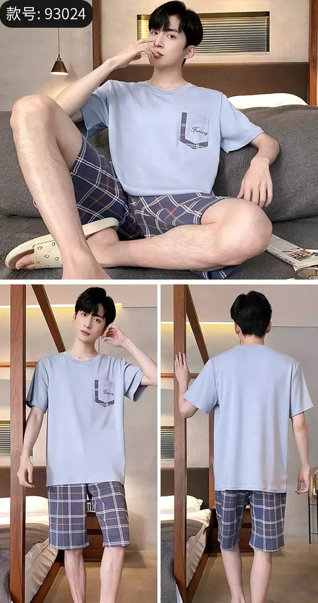 Verão Mens Plus Size Lounge Wear Moda Pijama De Algodão Manga Curta Pj Set Impresso Elegante Xadrez Homewear 3xl 4xl Pijamas