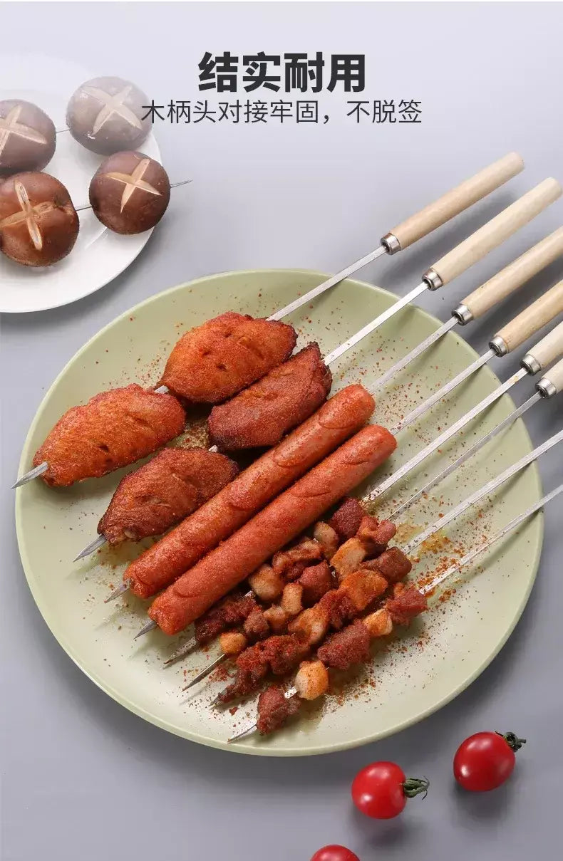 5/10 peças espetos de churrasco anti-escaldante com cabo de madeira podem ser reutilizados 304 espetos de churrasco de metal de aço inoxidável espetos largos