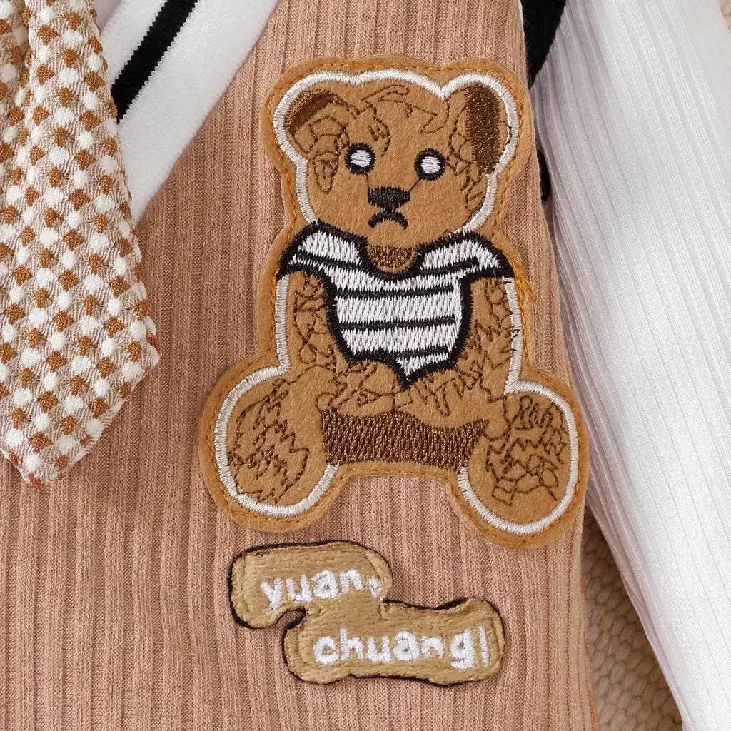 Bebê menino pequeno cavalheiro macacão dos desenhos animados urso de pelúcia mangas compridas macacão para 0-18 meses trajes de festa de aniversário do bebê meninos