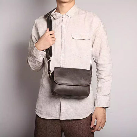 Bolsa de ombro retrô de couro genuíno masculina, grande capacidade, bolsa transversal diagonal, bolsa pequena para iPad, cavalo louco
