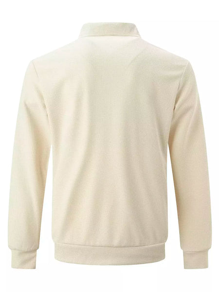 Jaqueta waffle de manga comprida masculina, monocromática, com zíper, bolso, cardigã lapela, gola polo casual, outdoor wear, primavera e outono