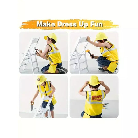 Traje de colete de trabalhador de construção infantil, conjunto de jogo de 5 peças de trabalhador, colete reflexivo amarelo com ferramentas, vestido de festa