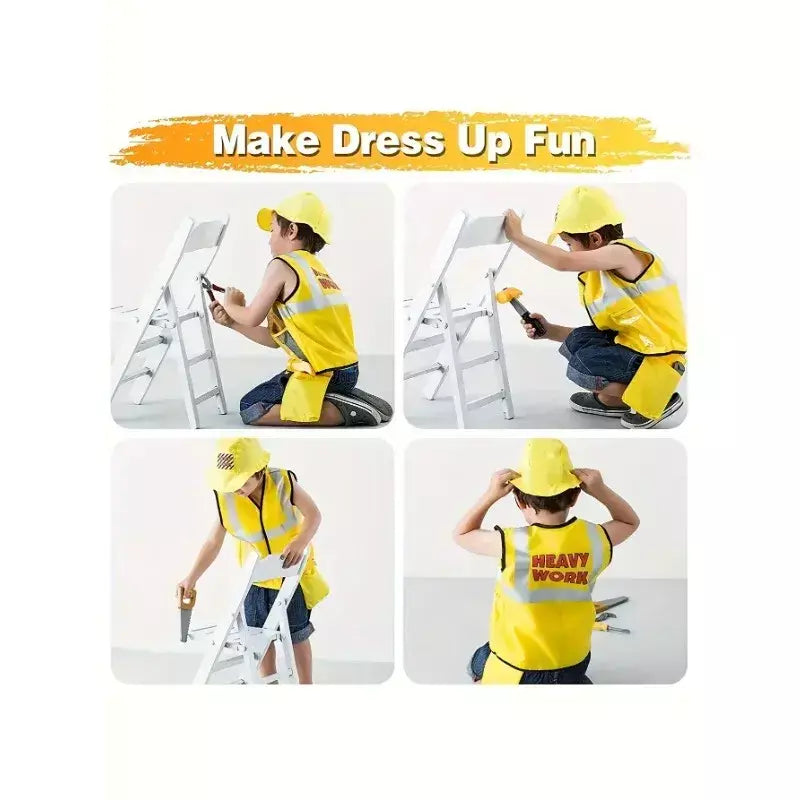 Traje de colete de trabalhador de construção infantil, conjunto de jogo de 5 peças de trabalhador, colete reflexivo amarelo com ferramentas, vestido de festa