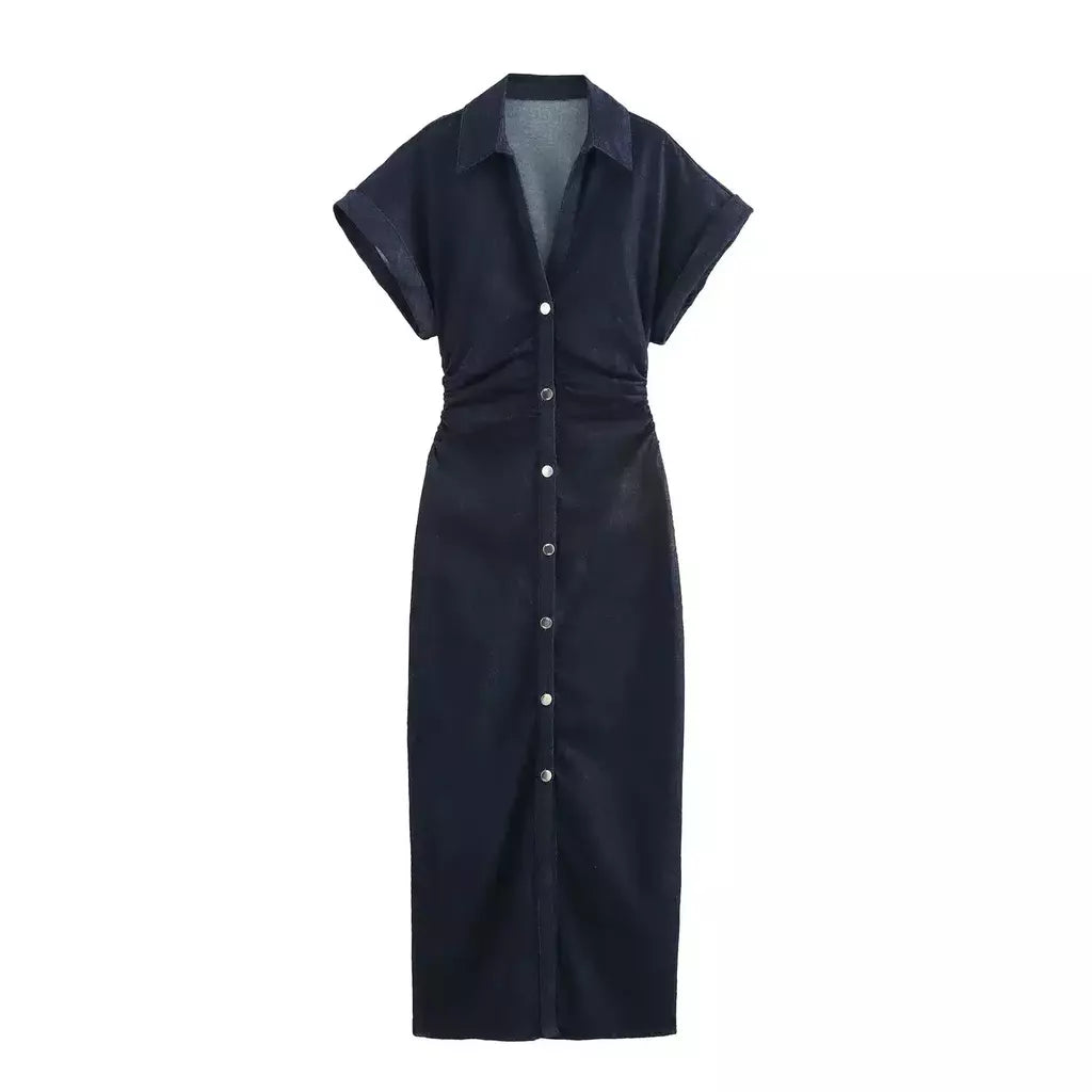 Vestido jeans feminino primavera verão casual vestidos longos para mulher 2026 nova moda ruched manga curta streetwear midi vestido