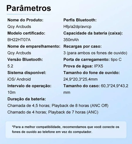 QCY-HT07 ANC Fones De Ouvido Sem Fio, Auscultadores HiFi, Cancelamento de Ruído, Earbuds TWS, 6 Microfone, Chamada AI HD, Reprodução 32H, 40dB, Bluetooth 5.2