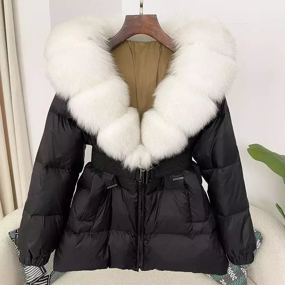 Oftbuy 2024 jaqueta de inverno feminina gola de pele de raposa natural real com capuz grosso quente 90% pato branco para baixo casaco feminino streetwear casual