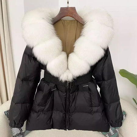 Oftbuy 2024 jaqueta de inverno feminina gola de pele de raposa natural real com capuz grosso quente 90% pato branco para baixo casaco feminino streetwear casual