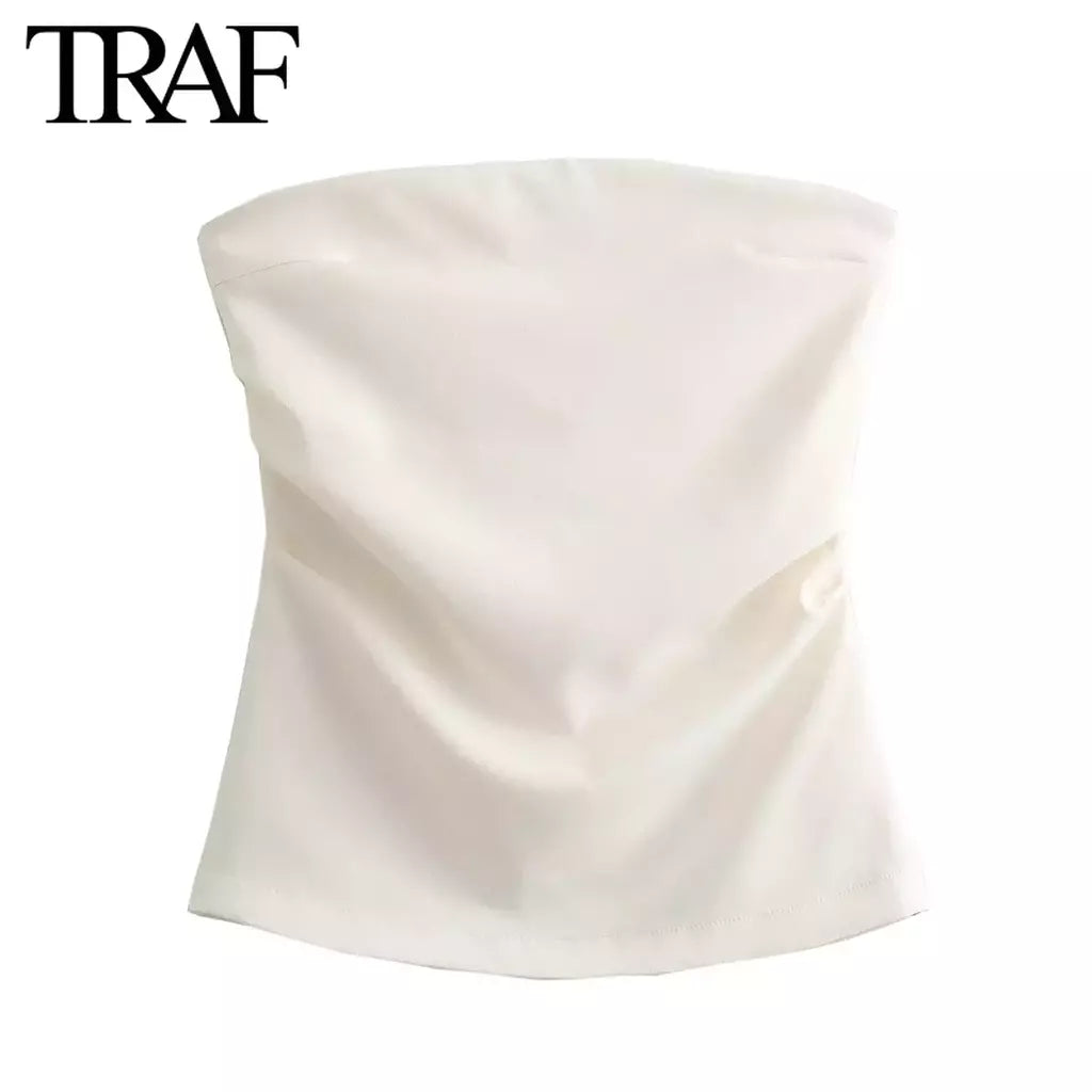 TRAF-Blusa sem mangas sem alças para mulheres, tops femininos, zíper traseiro, roupas de rua, tanque chique, moda verão, nova