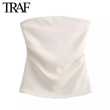 TRAF-Blusa sem mangas sem alças para mulheres, tops femininos, zíper traseiro, roupas de rua, tanque chique, moda verão, nova