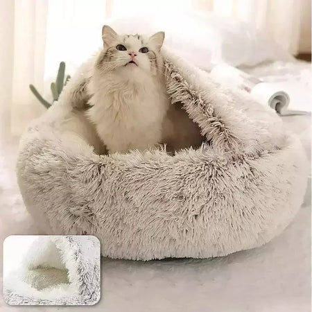 Almofada redonda para gatos, sacos de dormir semi fechados para animais de estimação, pelúcia longa e macia 2 em 1, camas quentes para gatos, conforto simples, ninho de dormir quente para cachorros