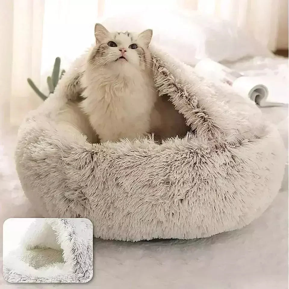 Almofada redonda para gatos, sacos de dormir semi fechados para animais de estimação, pelúcia longa e macia 2 em 1, camas quentes para gatos, conforto simples, ninho de dormir quente para cachorros