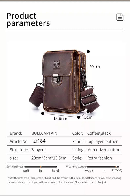 BULLCAPTAIN-Pacotes de Cintura de Couro Genuíno para Homens, Cinto Casual, Bolsa de Telefone Móvel 100% Couro Pequena Bolsa de Ombro