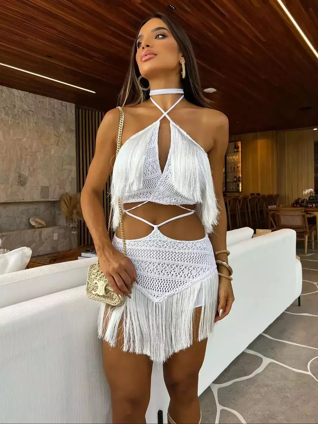 Conjunto sexy de biquíni feminino, sutiã de renda, mini saia, férias de praia, fato de banho feminino casual, 2 peças, verão