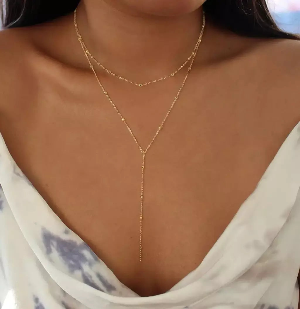 Colar lariat de aço inoxidável banhado a ouro, colar longo delicado colares laryered para mulheres meninas, pingente de gota em forma de y