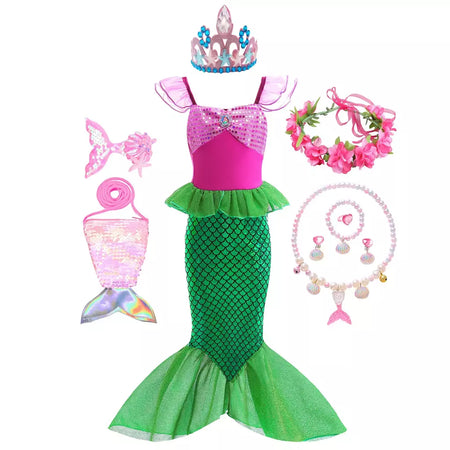 Meninas roxo-azul sereia ariel cosplay vestido de halloween vestido de festa de aniversário meninas praia vestido de férias