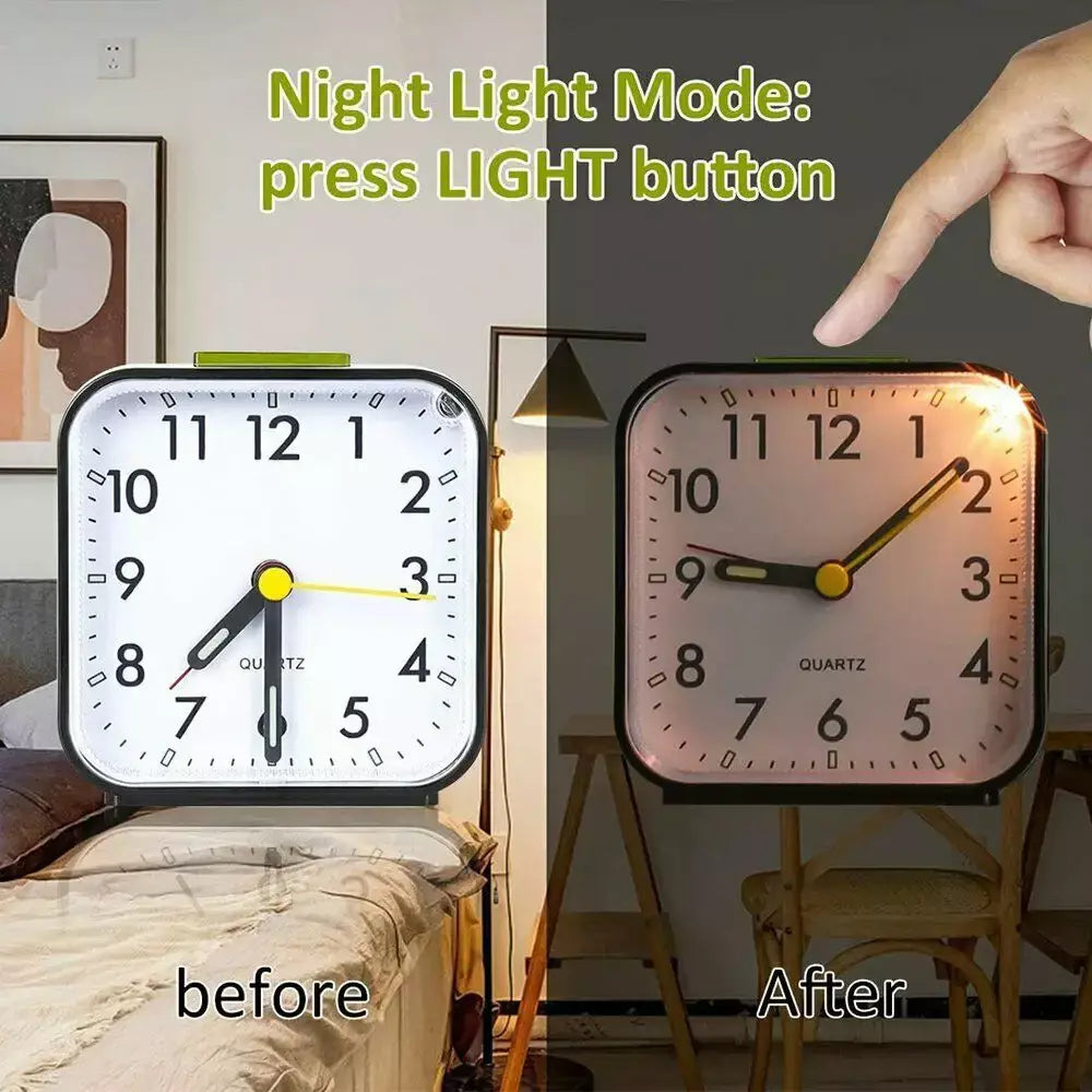Despertadores luminosos silenciosos de mesa pequena com luz snooze não-ticking relógio de quartzo analógico para travessas pesadas quarto de escritório