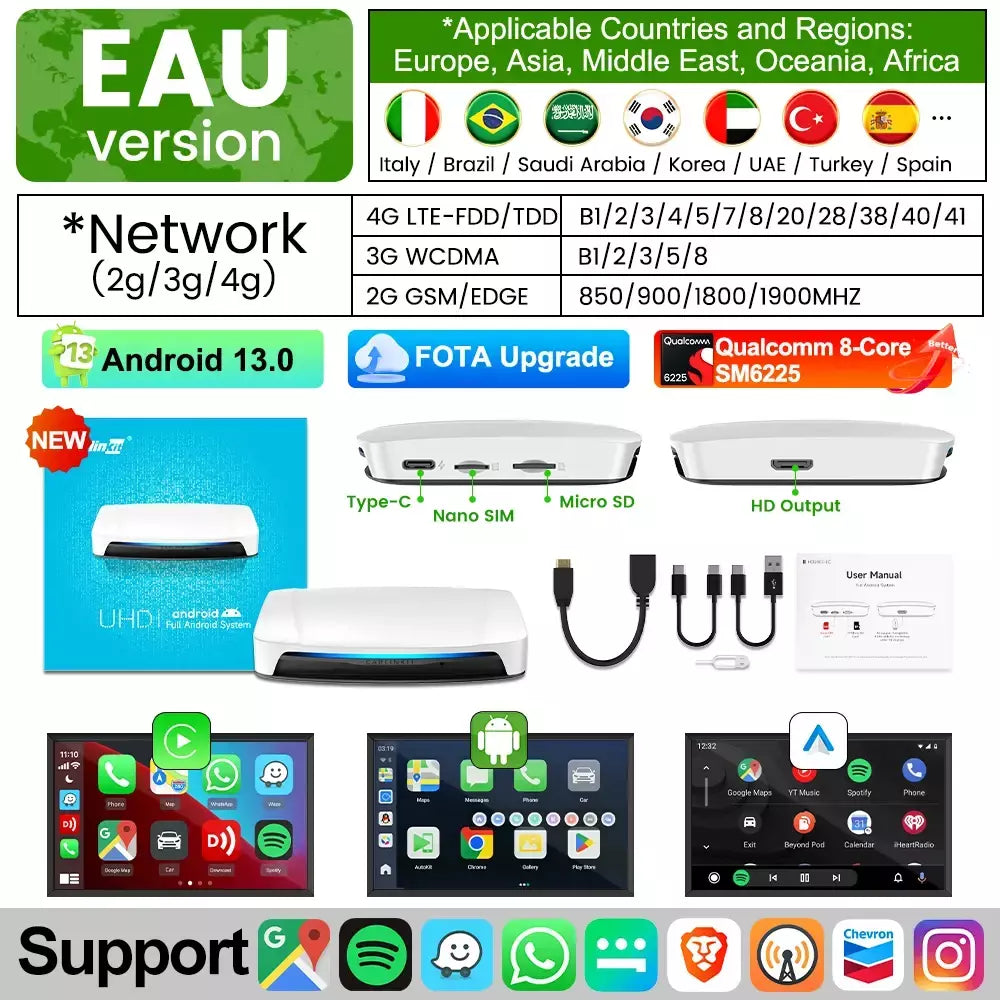 CarlinKit-Smart TV Box de saída de vídeo HDMI, Android 13, AI Box SM6225, 8 núcleos, Android Auto, Sem fio, Tela dividida, 2025