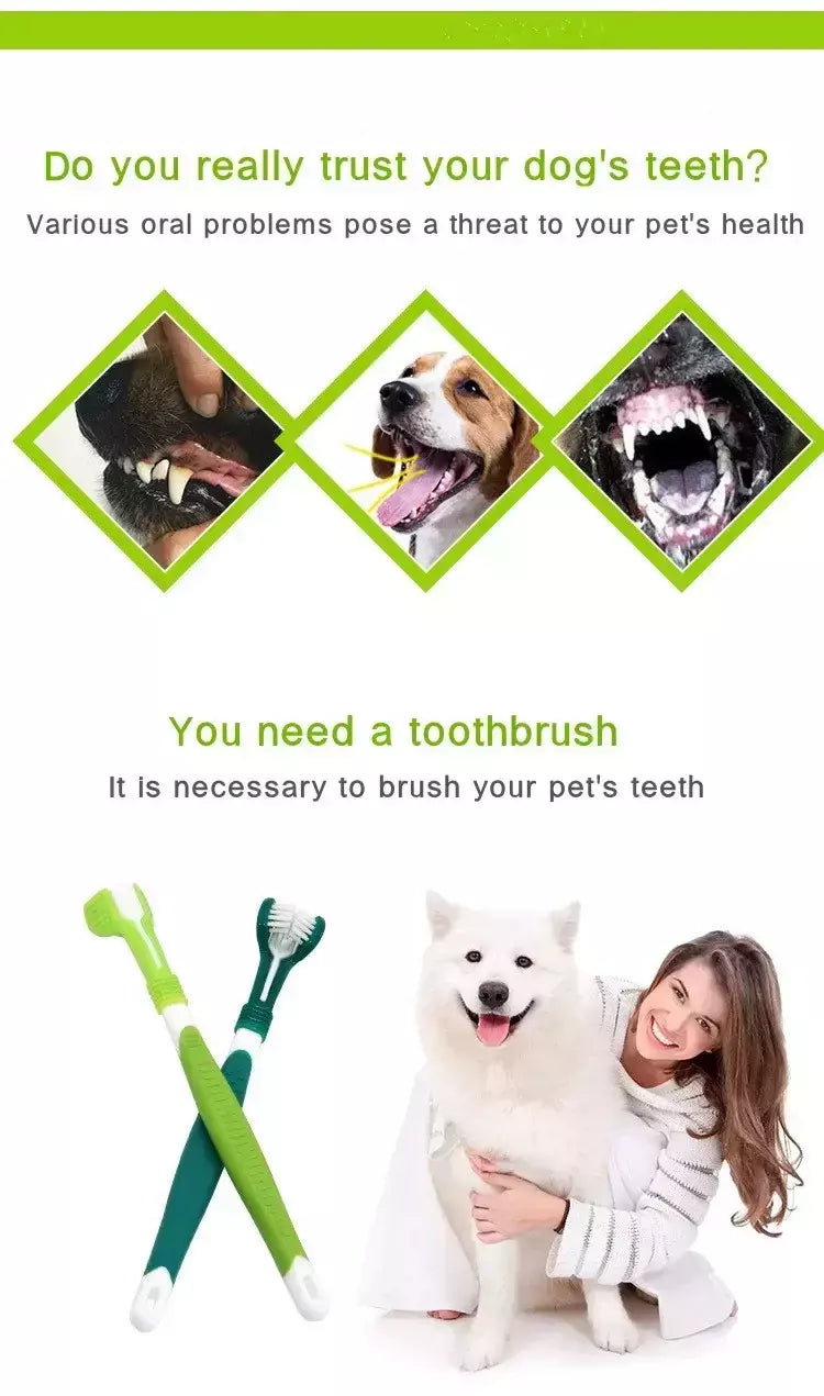 Escova de dentes de plástico para animais de estimação, 3 lados, remoção de tártaro, mau hálito, limpeza de boca, cuidados dentários para animais de estimação, boca de limpeza de gato