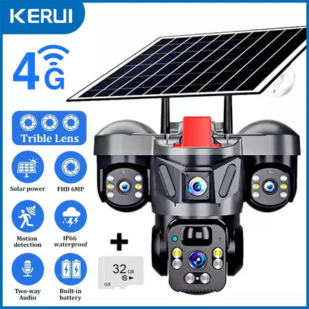Kerui v380 pro ao ar livre ptz 6mp wifi 4g câmera solar de segurança em casa lente tripla câmera painel solar cctv vigilância vídeo
