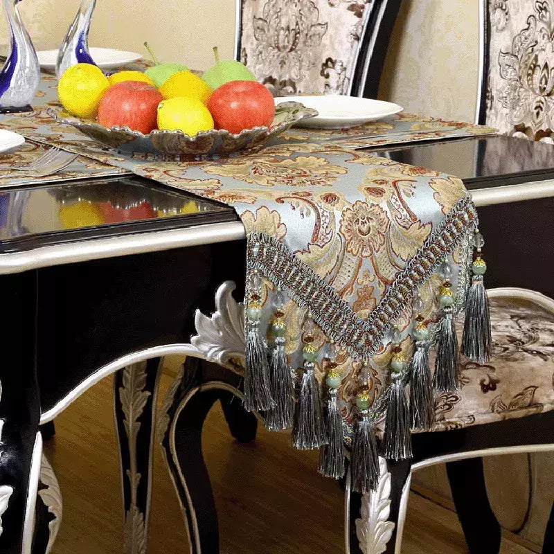 Corredor de mesa de luxo bordado moderno jacquard damasco floral corredores de mesa de luxo placemats jacquard mesa de café decoração borlas