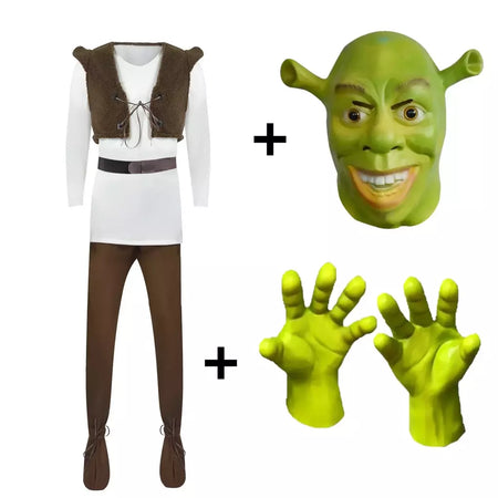 Filme monstro shrek cosplay trajes máscara shrek topo colete calças para homens desempenho role play halloween carnaval festa roupas