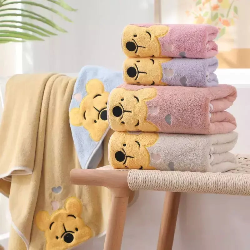 Winnie Bear Bath Towel Set para Crianças, Macio e Absorvente, Coral Velvet, Home Wash, Desenhos animados