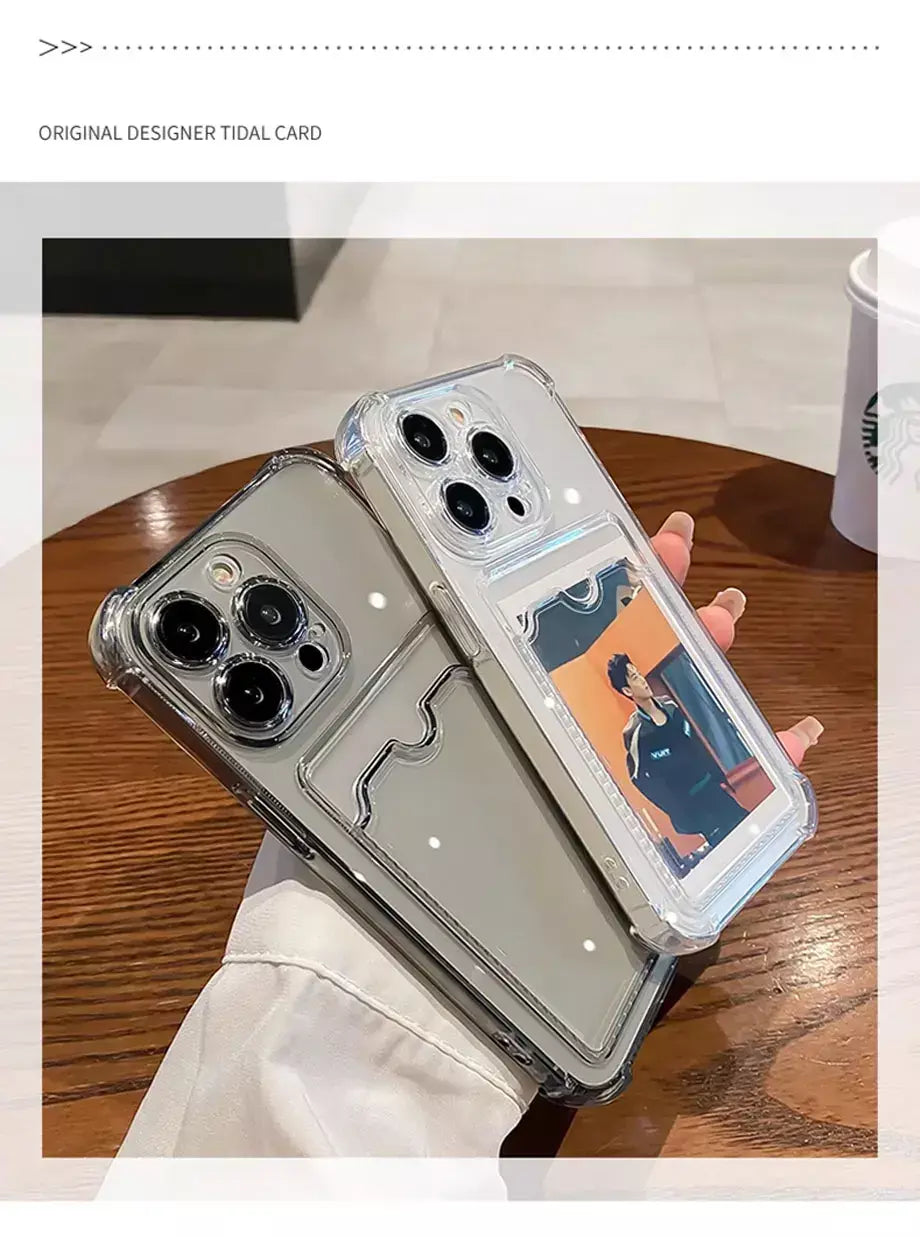 Bolsa de slot para cartão transparente para iPhone, carteira clara, à prova de choque, capa macia, iPhone 16, 15, 14, 13, 12, 11 Pro Max, Mini, X, XR, 7, 8 Mais