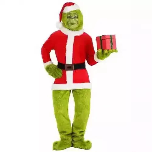 Venda quente da temporada halloween verde grinch cosplay traje papai noel com calças de pele conjunto jogar traje em massa monstro verde gri