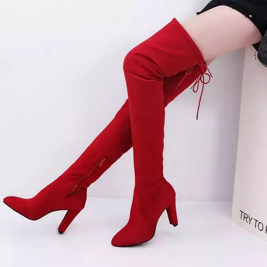 Botas femininas acima do joelho, tecidos elásticas, salto alto, sapatos de deslizamento, dedo apontado, longo, tamanho 34-43, inverno
