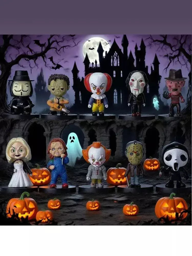 Conjunto de estátua de personagem de ação com ícone de terror, 10 peças, Chaqi Jason Voorhees Freddy Krueger Pennywise It, brinquedo modelo de terror para Halloween