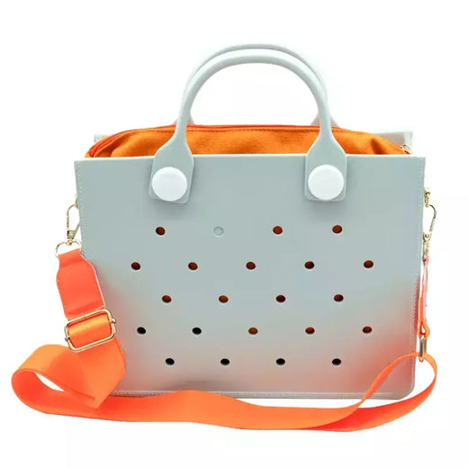 Saco de praia impermeável com furos, sacola transversal do corpo, acessórios de encantos adequados DIY, sacos de jantar feminino, elegante