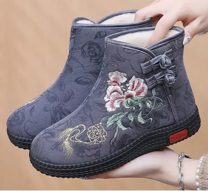 Sapatos de pano de inverno estilo étnico botas mujer sapatos femininos zapatos botas curtas quentes mulher bootie bordado algodão botas femininas